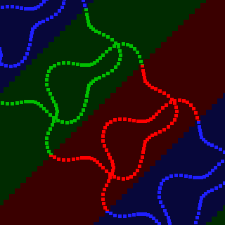 The repeated pattern split into diagonal bands, one per copy of the shape, each band tinted in its copy's colour
