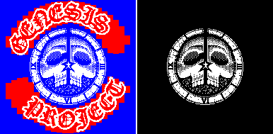 Left: hit-mask in red covering every pixel the 16 frames touch. Right: the static skull part that never changes