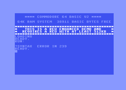 fREUd on a stock C64: a warning that the demo requires a REU of at least 512KB, then a syntax error