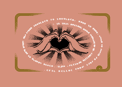 A DXYCP scroller by Walt/Bonzai: text on an ellipse around two hands forming a heart