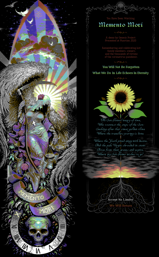 Razorback's two tall scroller images: multicolour grim reaper with skull clock (left), hires end credits with sunflower (right)