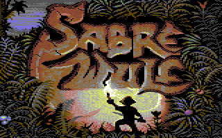 Jon's reimagined Sabre Wulf loading screen: the explorer with a torch below the logo in dense jungle