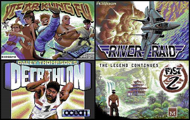 Four more of Jon's reimagined loading screens: Yie Ar Kung-Fu, River Raid, Daley Thompson's Decathlon, Fist 2