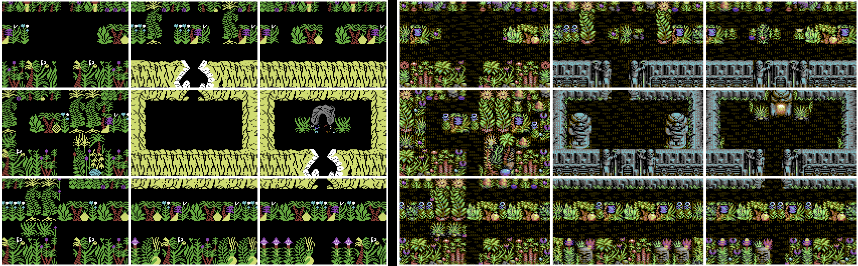 The same 3x3 block of screens side by side: original graphics left, remastered graphics right