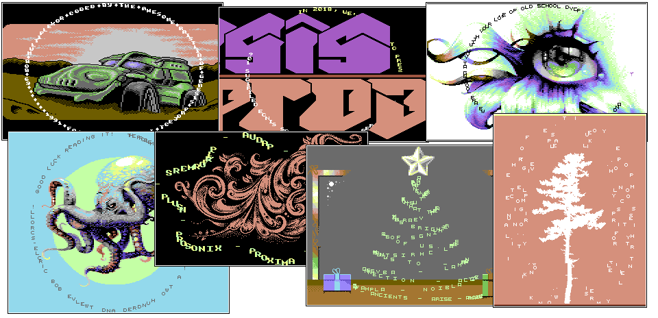 Collage of seven fixed-shape DXYCP scrollers by Raistlin, from Delirious 10 (1991) to Tree of Peace (2022)