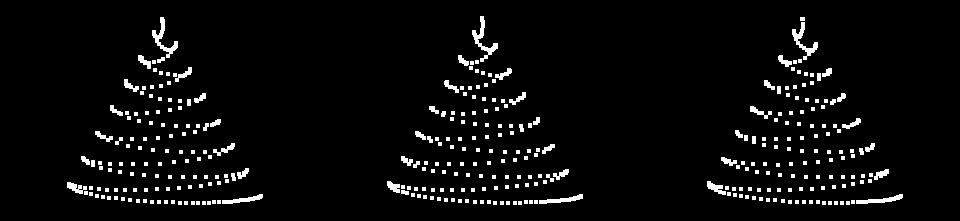 The 232 char positions forming the spiral Christmas tree shape, across the 3 animation frames